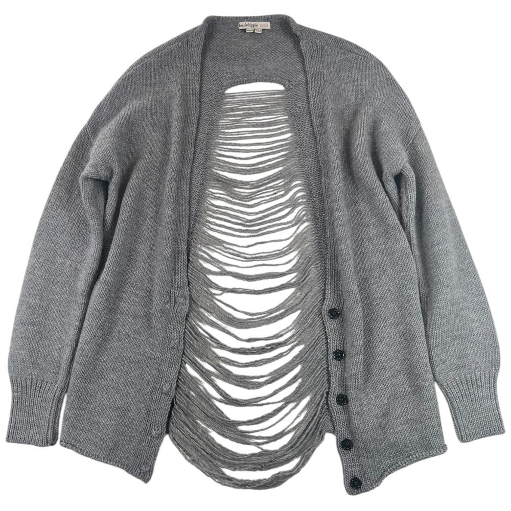 Haute Hippie Nude Merino Wool Distressed Back Cardigan Gray Boho Luxury - XS/S - Picture 3 of 9